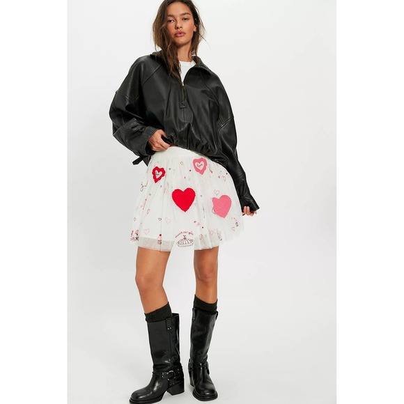 Free People Dresses & Skirts - NWT!! FREE PEOPLE The Sketchbook Skirt Tulle Embroidered Mini Hearts White Large